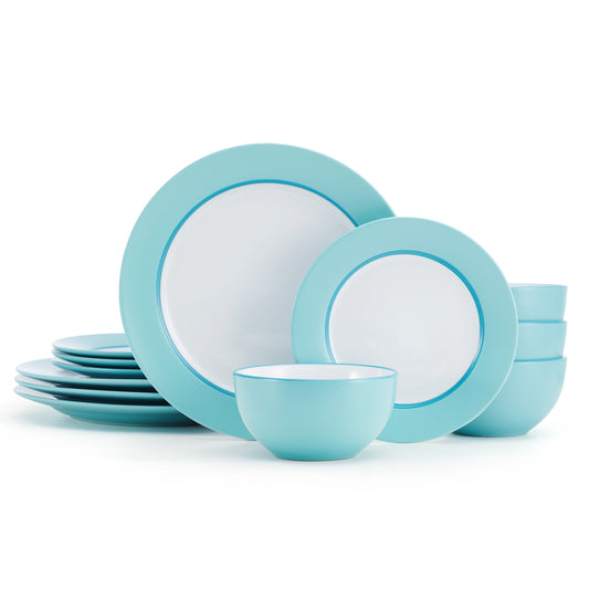 Pfaltzgraff Grayson Teal 12-Piece Dinnerware Set Stoneware Round in White