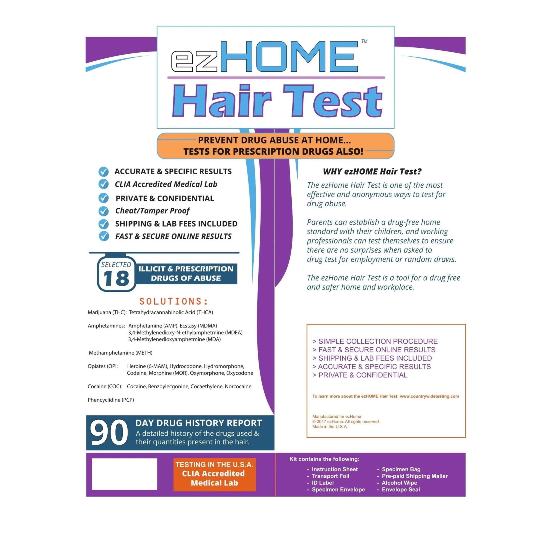 Phamatech Hair Follicle 18 Panel Drug Test for at Home Drug Testing - Shipping & Lab Fees Included