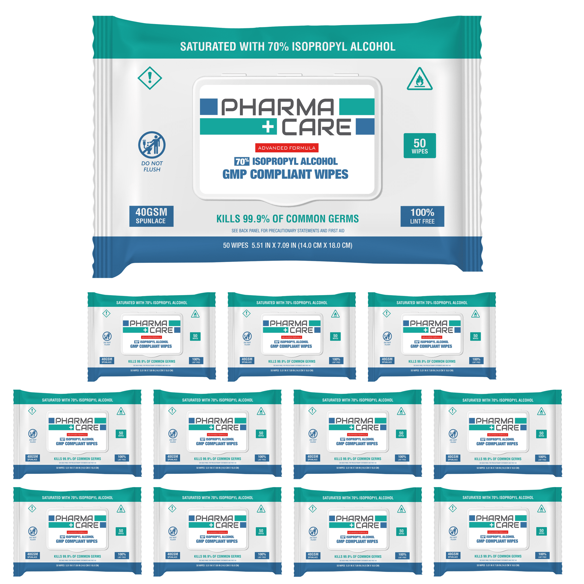 PharmaCare Advanced Formula 70% Alcohol Wipes - (50 Count) 12 Packs (PC-1040-01-X12) For Hands or Surfaces in Hospitals, Clinics, Schools, Offices, and at Home.