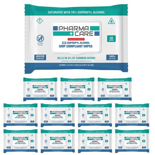 PharmaCare Advanced Formula 70% Alcohol Wipes - (50 Count) 12 Packs (PC-1040-01-X12) For Hands or Surfaces in Hospitals, Clinics, Schools, Offices, and at Home.