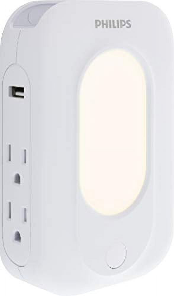 Philips 4-Outlet 2 USB Surge Protector with Light Sensing LED Night Light, Side Access, 3-Prong, SPP6241WC/37