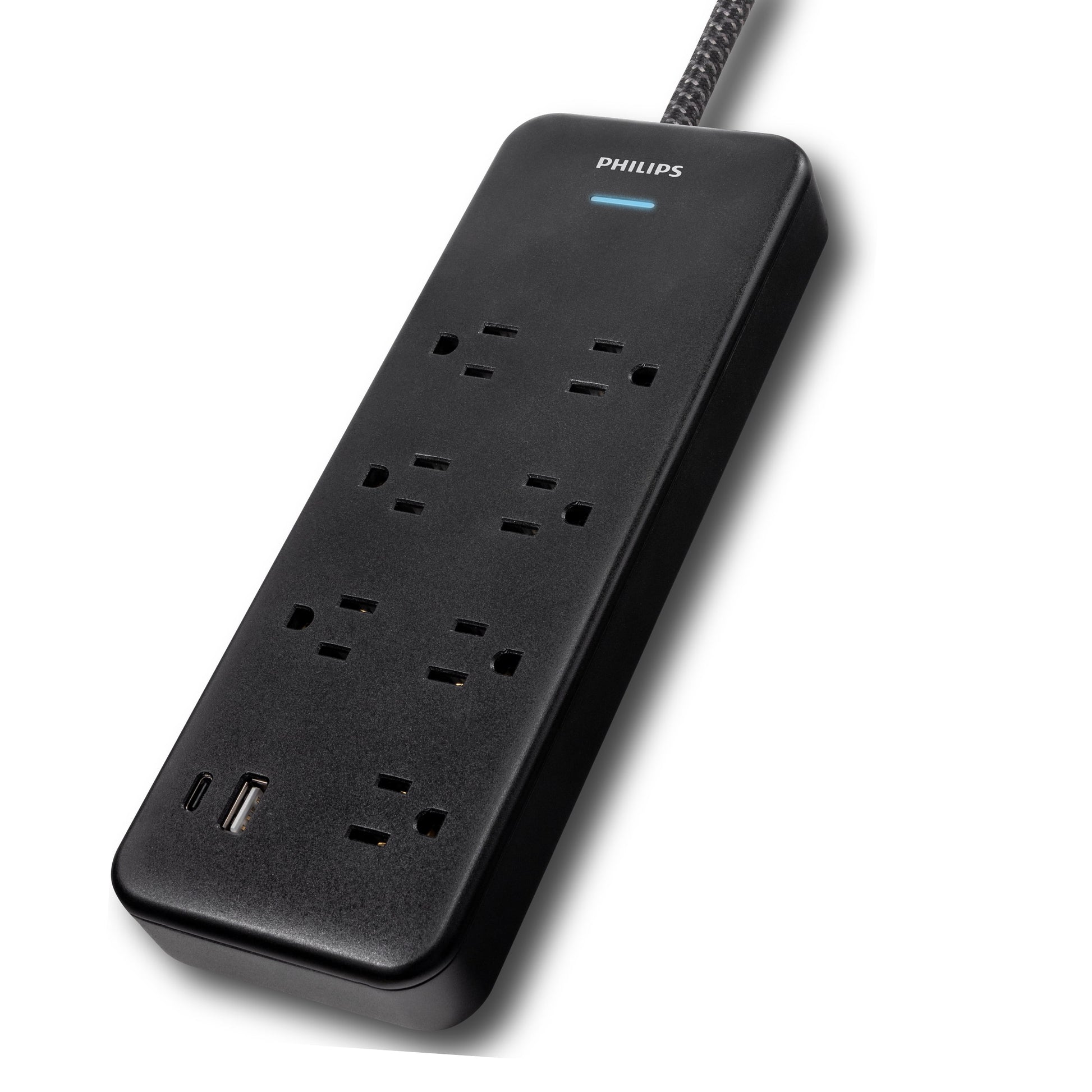 Philips 6-ft 7-Outlet Surge Protector, 7 Outlet, 1 USB-A, 1 USB-C, 15W, 1500J, Braided Cord, Black