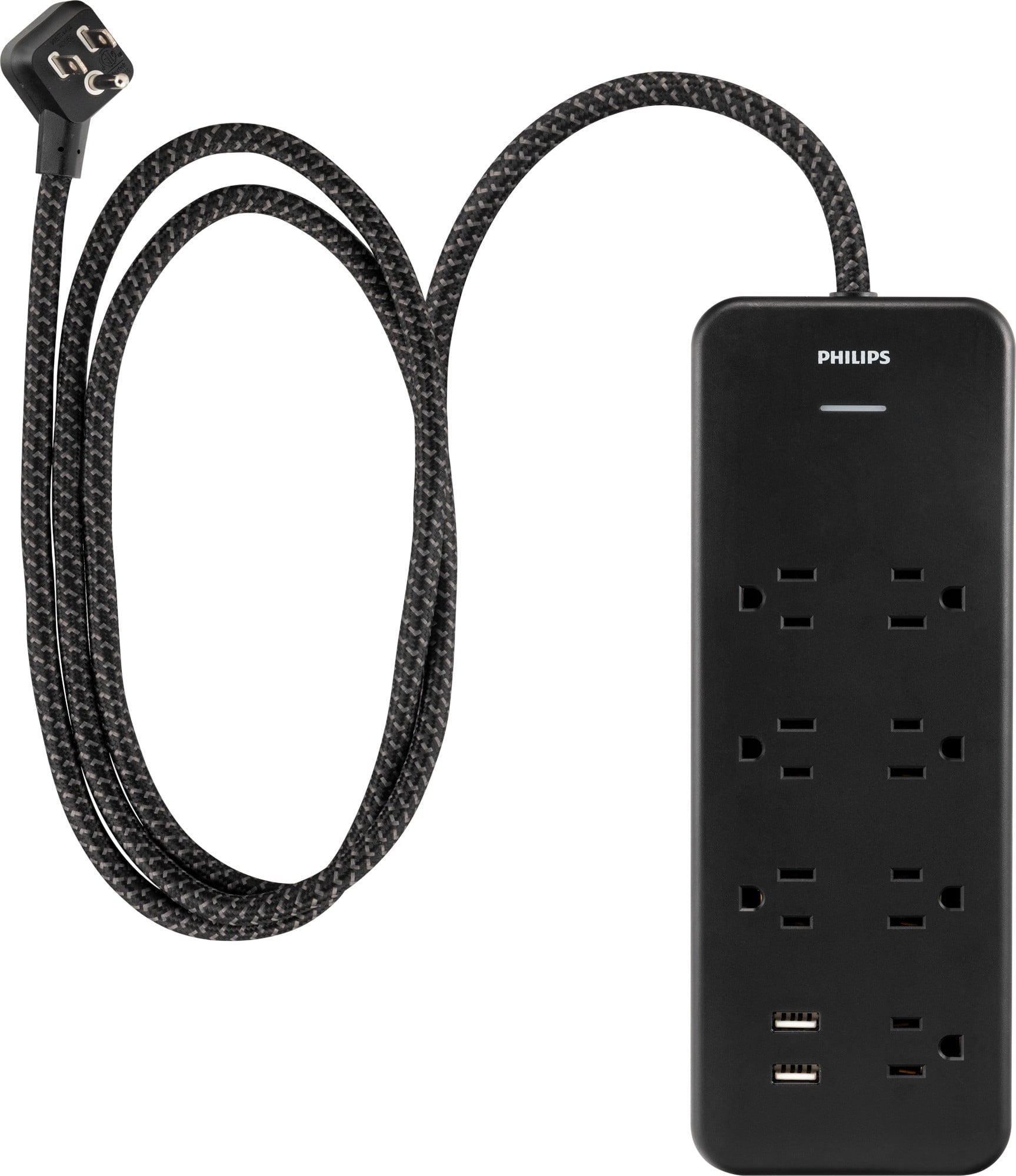 Philips 7-Outlet Surge Protector, 2USBA, Adapter-Spaced, 4ft Braided Cord