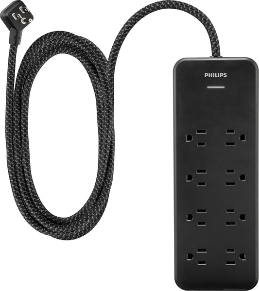 Philips 8-Outlet Surge Protector, 8ft Braided Cord, 15A, Black