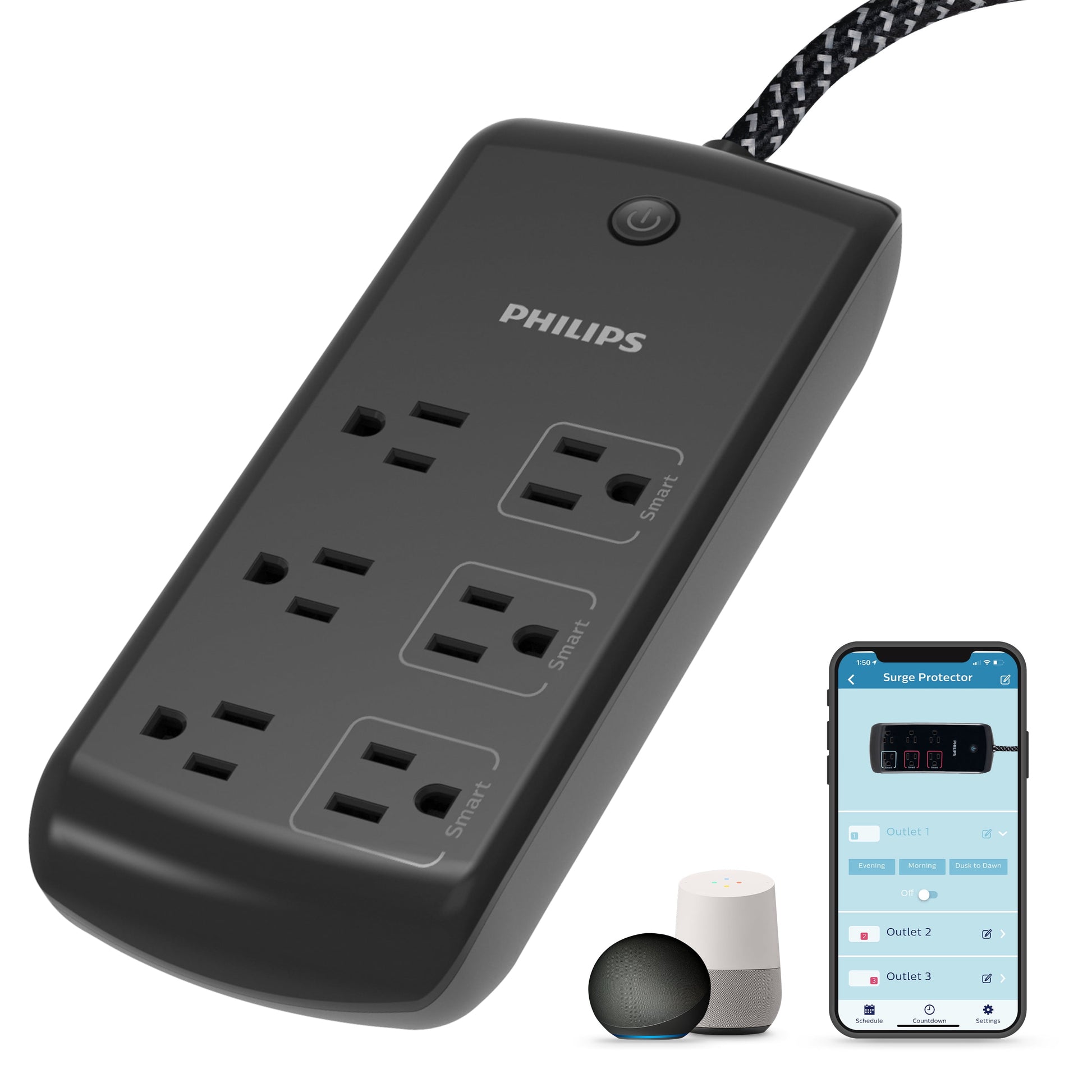 Philips Smart Plug 6-Outlet Surge Protector, 1080J 8ft., Black