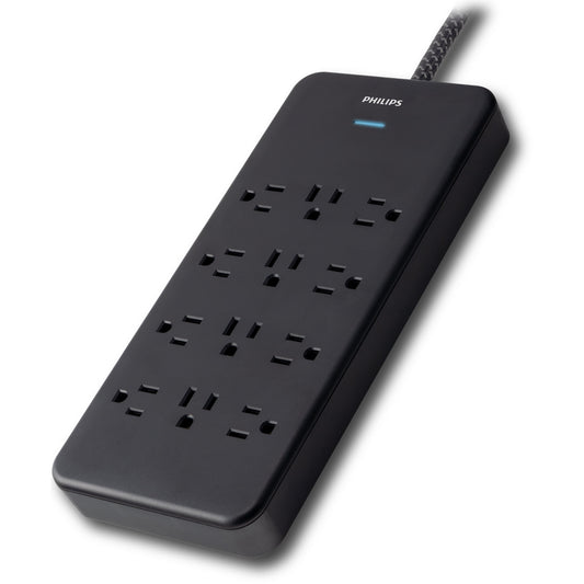 Philips Surge Protector, 12 Outlet, Adapter-Spaced, 3500J, Braided Cord, 6ft, Black,