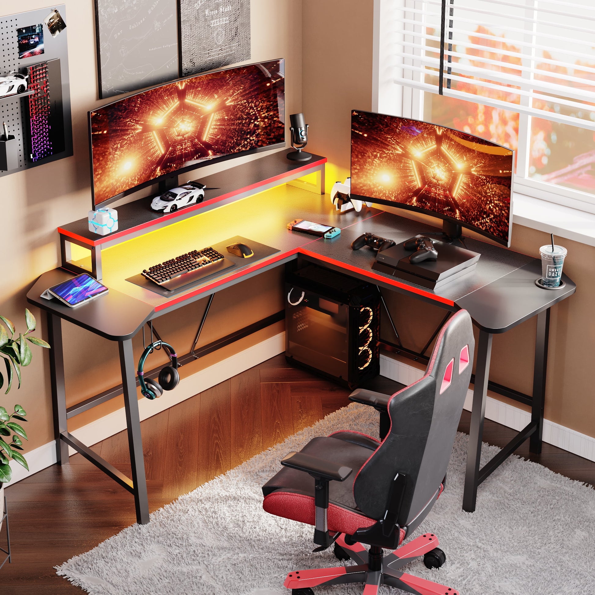 Pinmoco 57'' L-Shaped Gaming Desk with LED lights ,Corner Computer Table with Monitor Stand, Headphone Hook & Cup Holder,Black