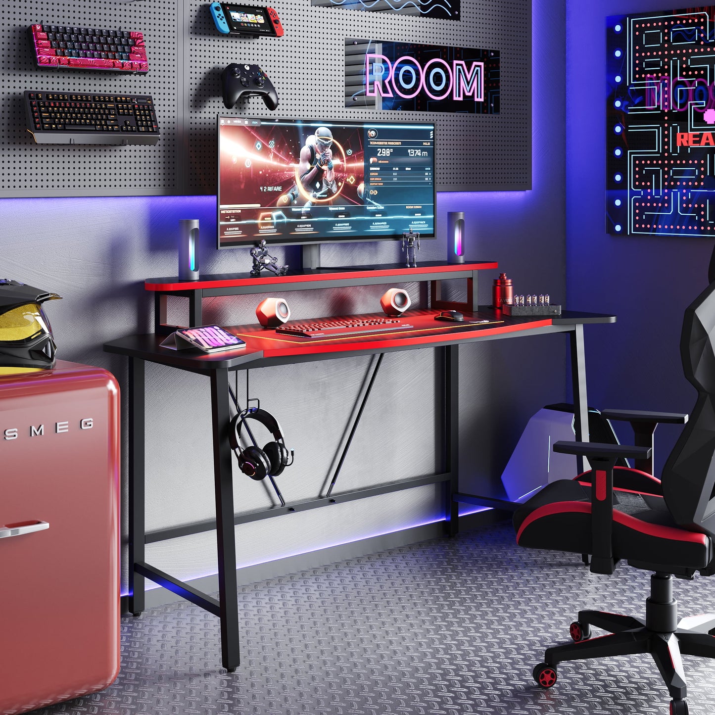 Pinmoco 63" Gaming Desk with LED Light Strip, Computer Desk with Monitor Stand, Carbon Fiber