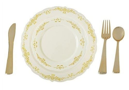 Plastic China Plate Silverware Combo Serving for 20 (115 piece set)IVORY / GOLD