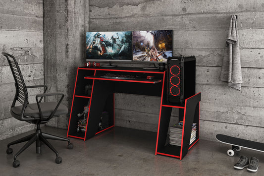 Polifurniture Kyoto 57.5 in.  Gaming Computer Desk with Keyboard Tray and Shelves,  Red and Black