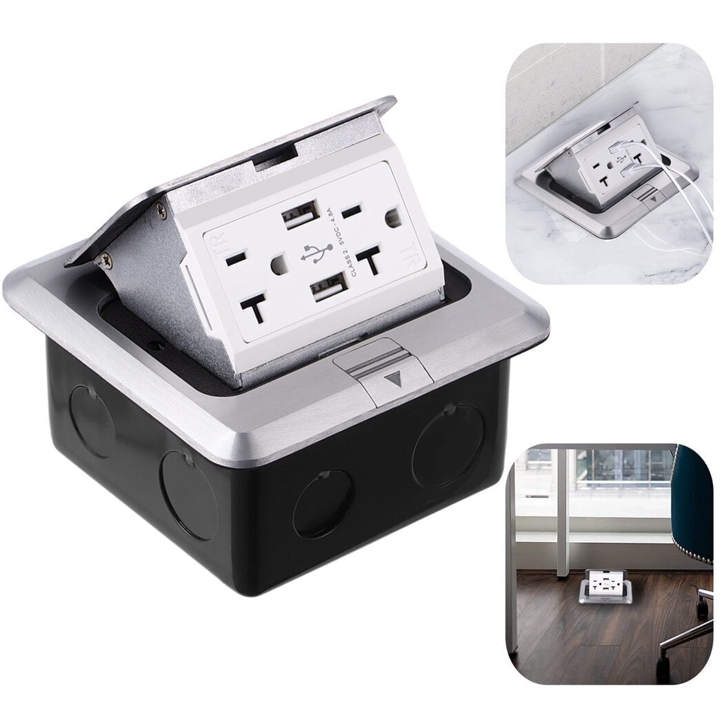 Pop Up Floor Outlet Box, Waterproof Electrical Recessed Outlet Box with 20A Tamper-Resistant Receptacle Socket & 4.8A USB Chargers, Floor Outlet Cover Plate Kit for Kitchen Countertop