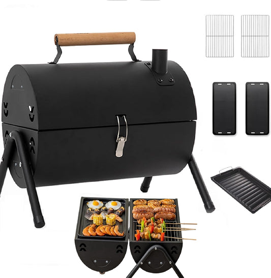 Portable Charcoal Grill,Double Sided Baking Small Portable Barbecue Grill for Outdoor Activities Camping, Picnics, Beach Parties,Cook Seafood, Fry Steak(Black)