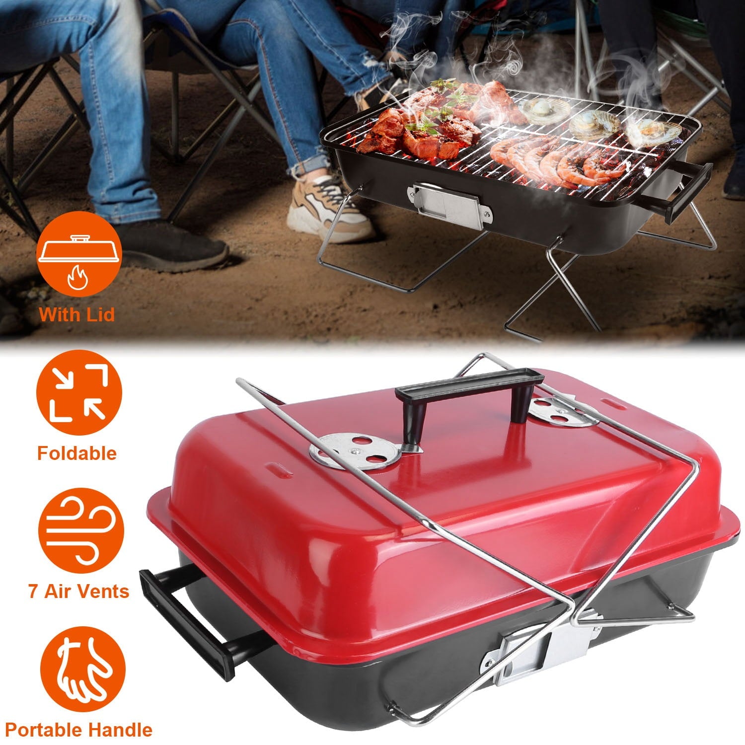 Portable Charcoal Grill with Lid, iMounTEK Folding Barbecue Grill for Outdoor Camping Cooking Small Table Top BBQ Grill for Outdoor Cooking Camping Beach Traveling Picnic Backyard