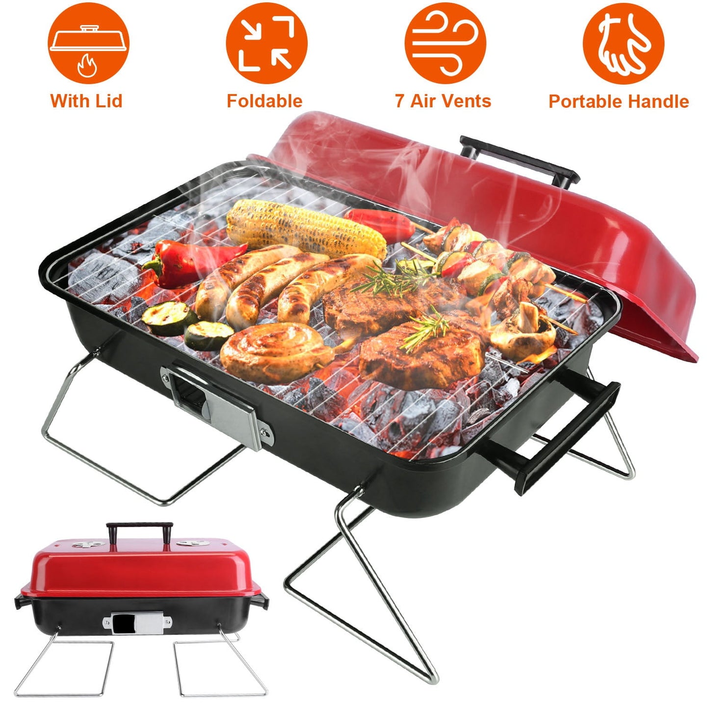 Portable Charcoal Grill Outdoor Moclever Tabletop Grill with Lid Small Barbecue Smoker Folding BBQ Grill for Backyard Camping Picnics Beach