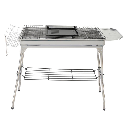 Portable Charcoal Grill Stainless Steel Foldable Cooking Kabob Barbecue Grill with Storage Shelf and Enameled Grill Pan, Outdoor BBQ Grill for Camping Hiking Picnics Beach Party(39.37x12.2x27.95inch)