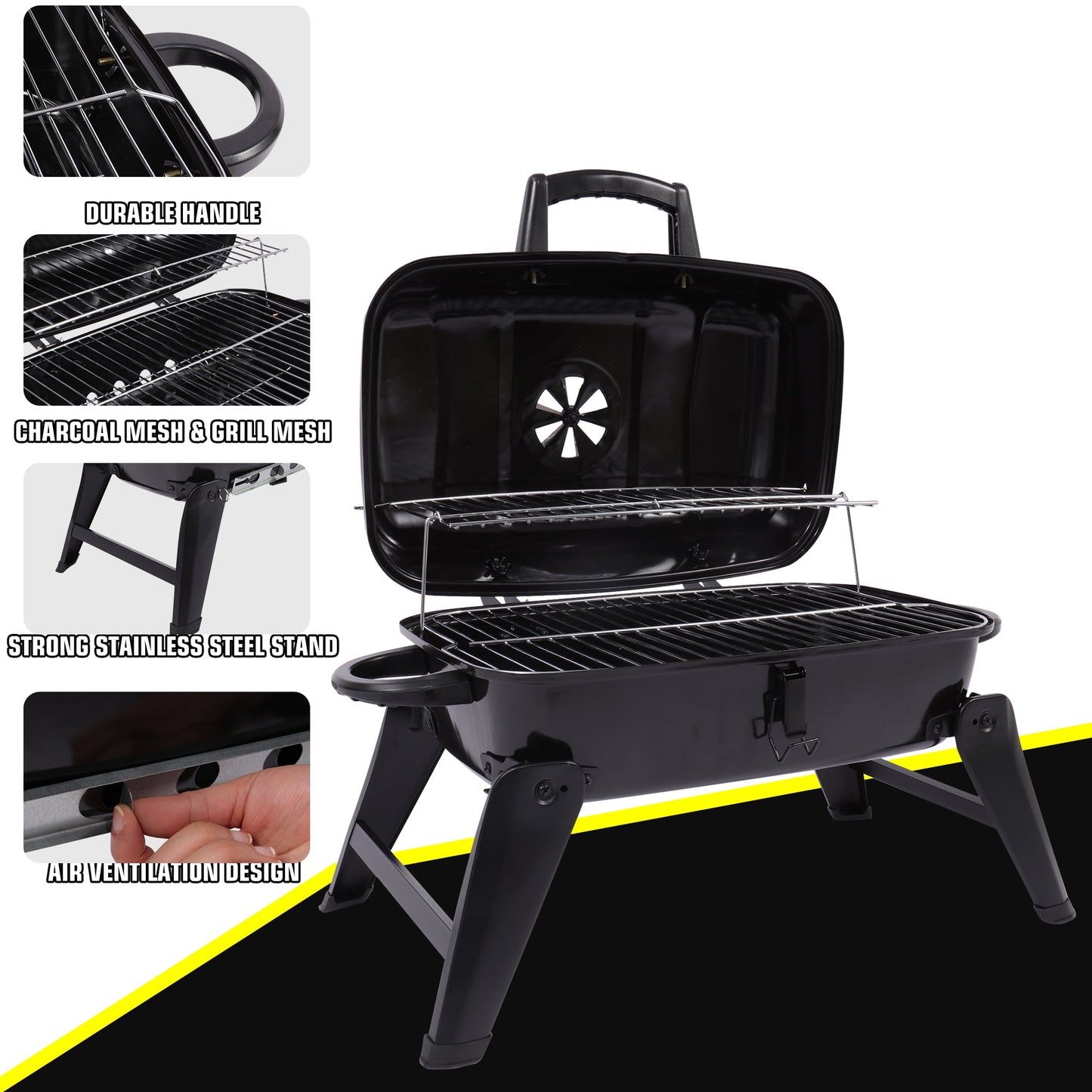 Portable Charcoal Grill with Two Side Handles, Compact Outdoor Tabletop Charcoal Grill