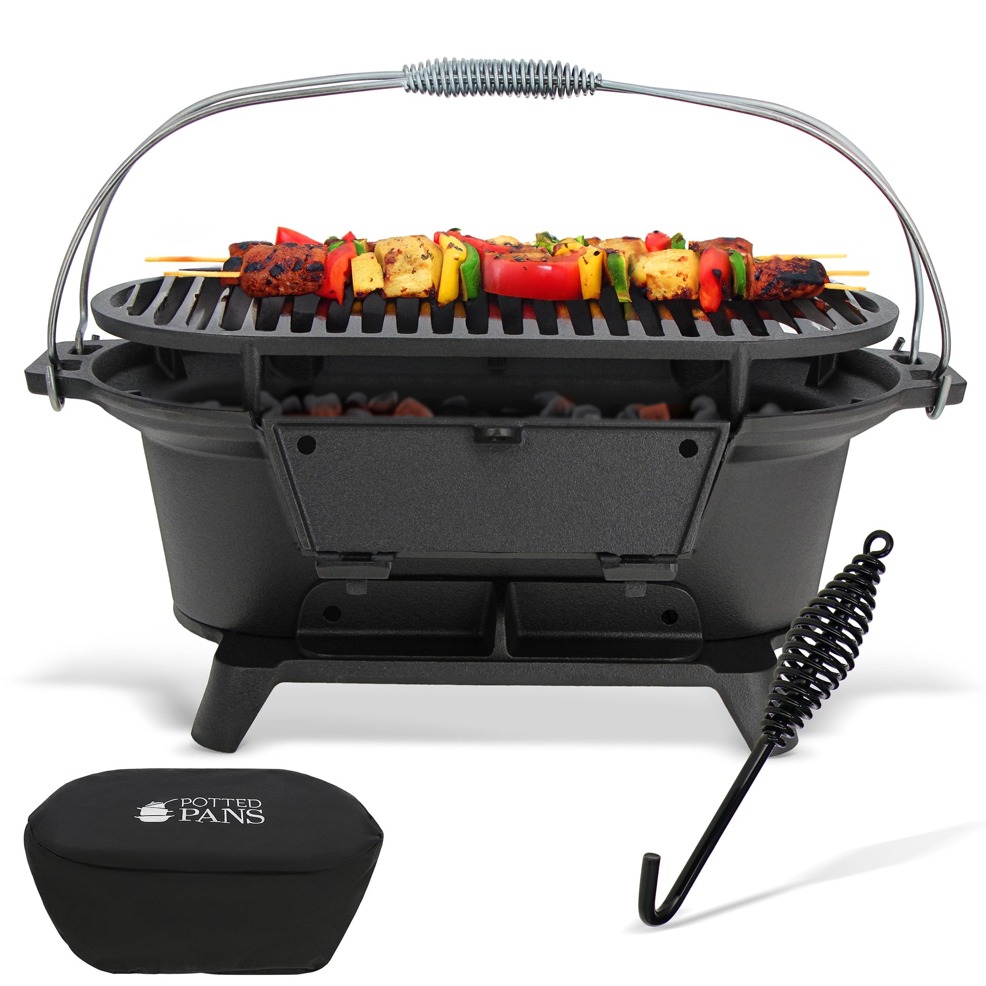 Potted Pans Cast Iron Hibachi Grill - Portable Small Charcoal Grill with Cover