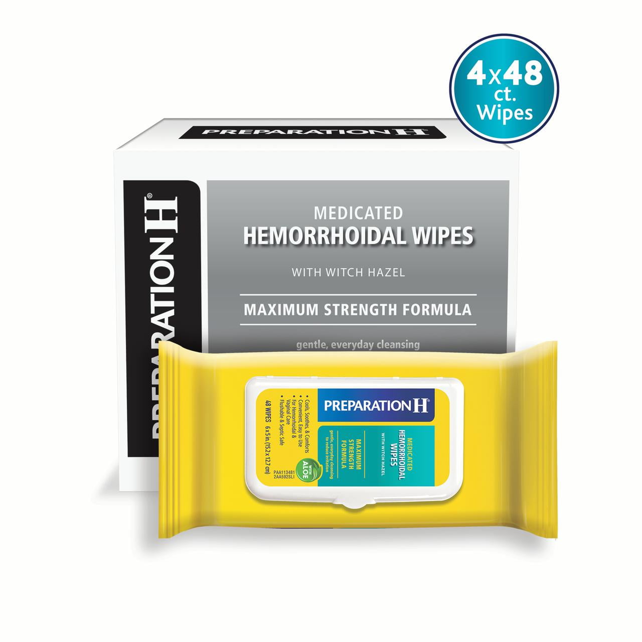 Preparation H Flushable Medicated Hemorrhoid Wipes, Maximum Strength Relief with Witch Hazel, Pouch(4 x 48 Count, 192)