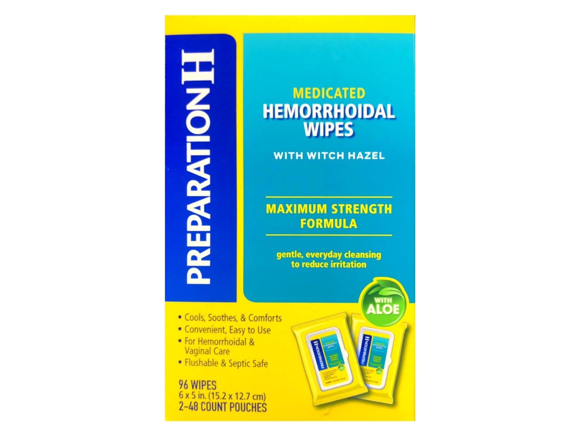 Preparation H Medicated Hemorrhoidal Wipes with Witch Hazel and Aloe, Maximum Strength Formula, 96 Wipes (Twin Pack, 48 Count Each), Flushable and Septic Safe