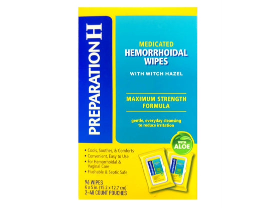 Preparation H Medicated Hemorrhoidal Wipes with Witch Hazel and Aloe, Maximum Strength Formula, 96 Wipes (Twin Pack, 48 Count Each), Flushable and Septic Safe