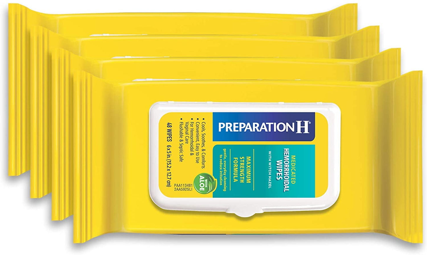 Preparation H Medicated Hemorrhoidal Wipes for Cleansing, Burning, Itch and Irritation Relief, 4 packs of 48 count, 192 count