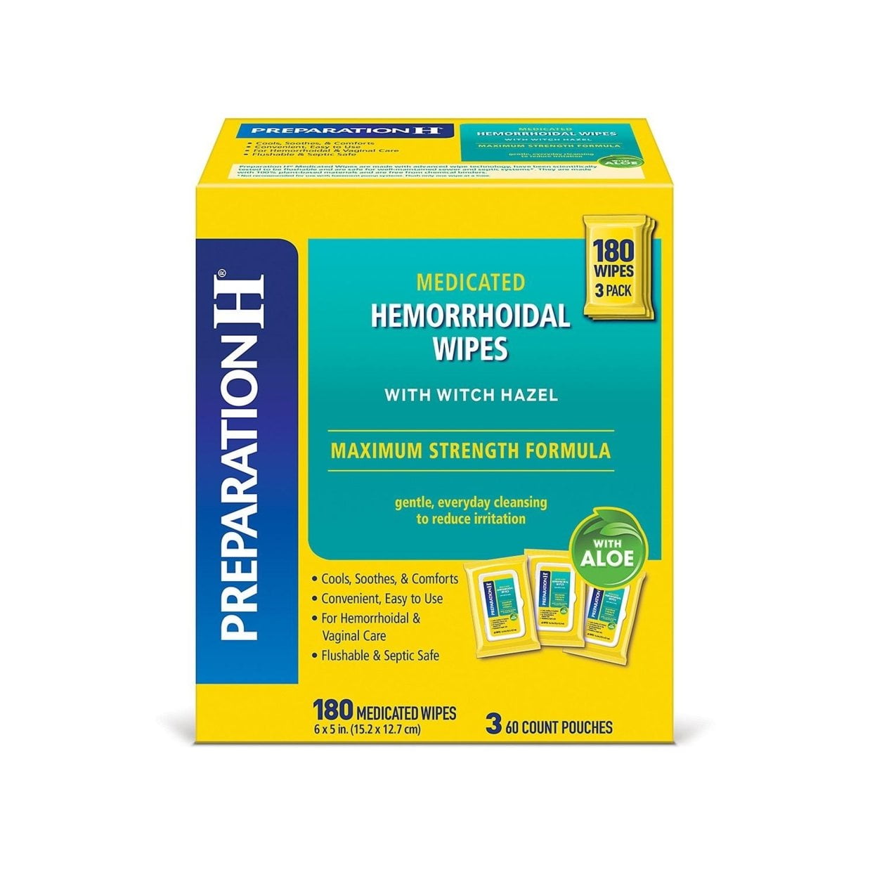 Preparation H Medicated Wipes Pouch Maximum Strength+Witch Hazel/Aloe (180 ct.)