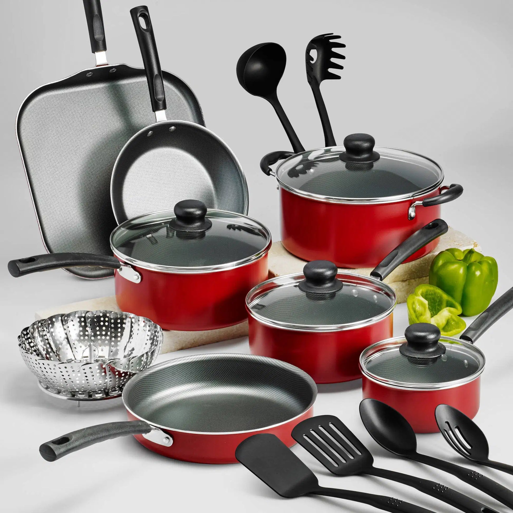 Primaware 18 Piece Non-stick Cookware Set, Steel Red