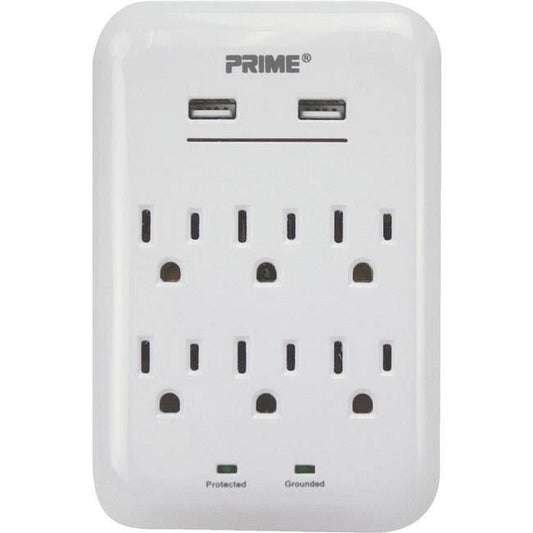 Prime PBUSB346S 125V 6-Outlet & 3.4A 2-USB Charger With Surge Protection