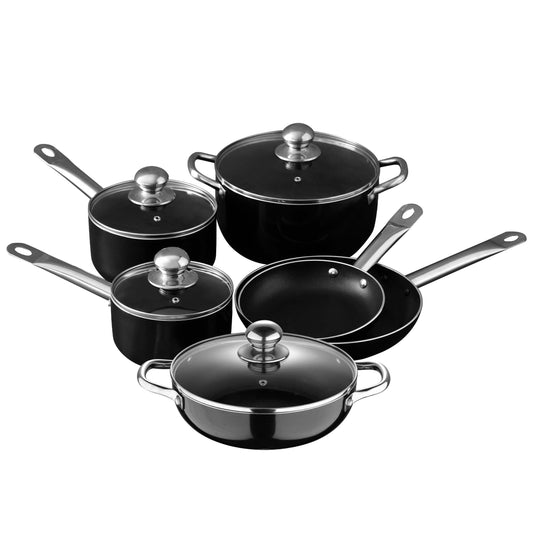 Prochef by Bergner - 10 Pc Non Stick Cast Aluminum Pots and Pans Cookware Set with Vented Glass Lids, 10 Pieces, Black