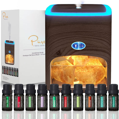 Pure Daily Care 2-in-1 Himalayan Pink Salt Lamp Diffuser & 10 Essential Oils Set, Light Wood 400 ml