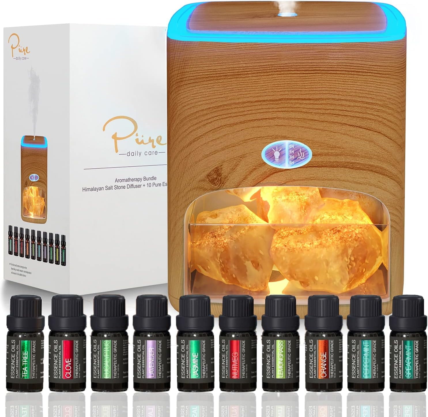 Pure Daily Care 2-in-1 Himalayan Pink Salt Lamp Diffuser & 10 Essential Oils Set, Light Wood 400 ml