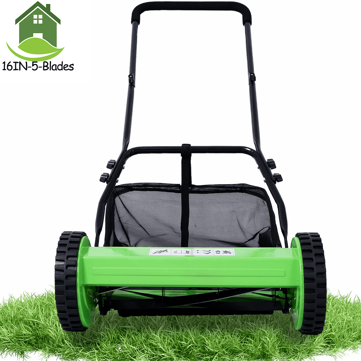 Reel Mower with Grass Catcher, 16-Inch 5-Blade Manual Lawn Mower with 9 Gal Bag, Walk-Behind Push Reel Lawn Mover, 0.6''-1.8'' Height Adjustable, 8’’ Wheels, Green