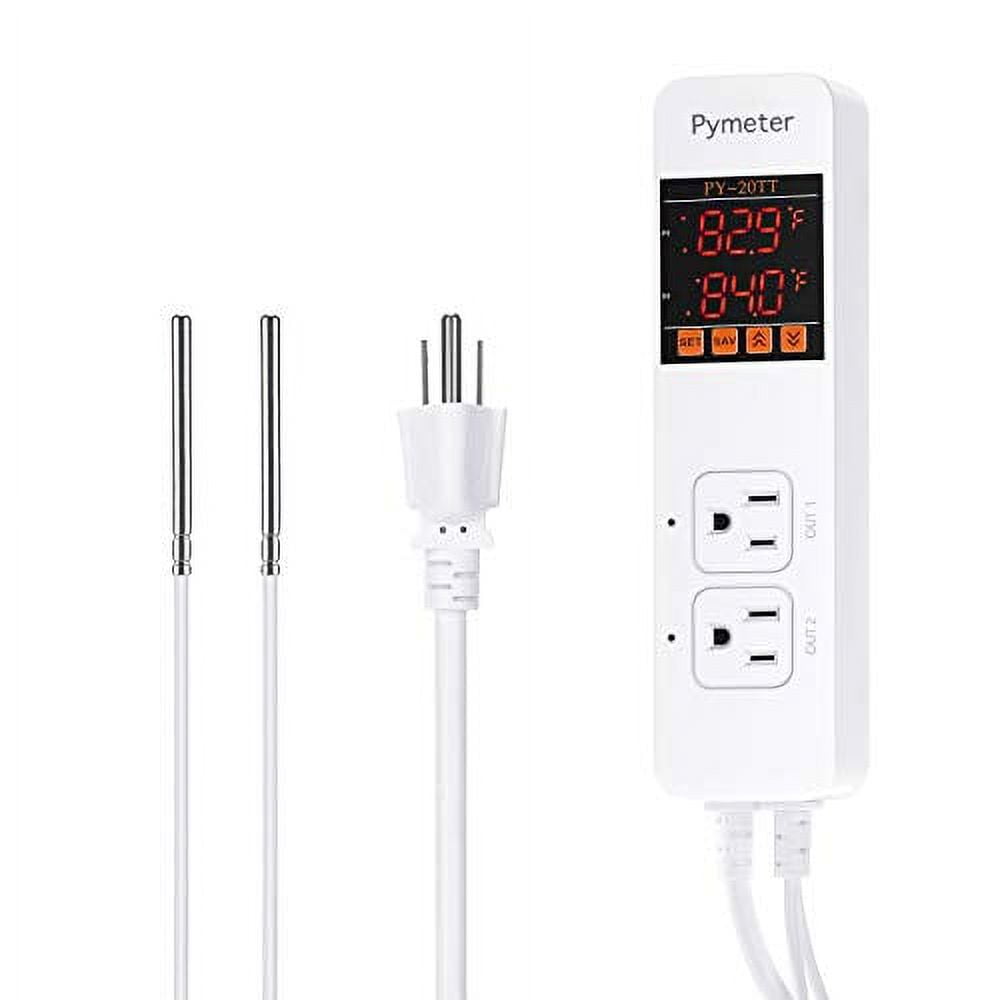 Pymeter Digital Temperature Controller Dual Probe Reptile Thermostat Controlled Outlet for Terrarium Heat Mat Heating Pad, Switch Cooling Fan Freezer Fridge ON & Off at Setpoints 10A 1200W