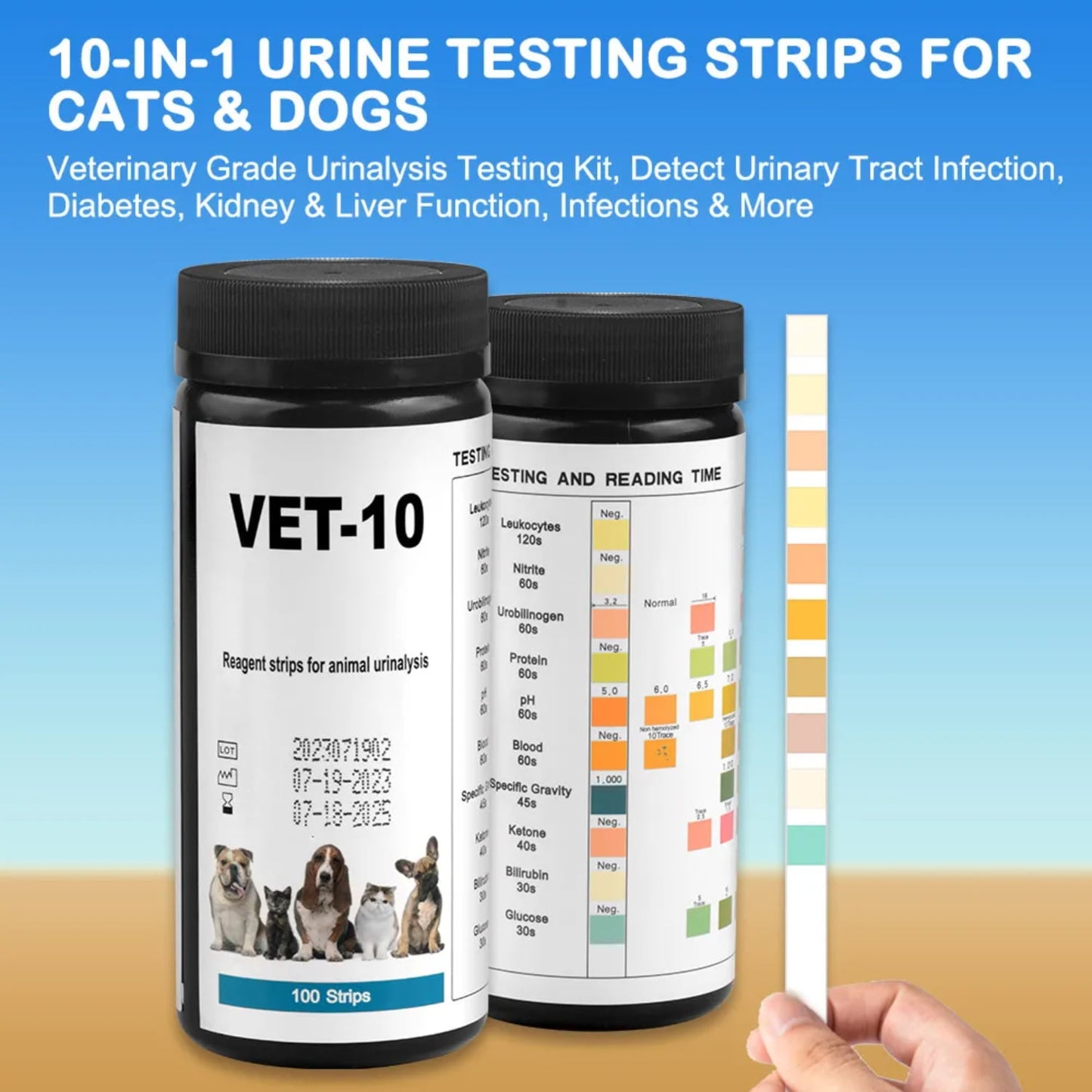 QUHNG Accurate 10-Parameter High Cat and Dog Urine Test Strips Kit - Essential Diagnostic Tool for UTI - Includes 100ct Glucose  Specific Gravity  and pH Reagent Strips - Ideal for Precis