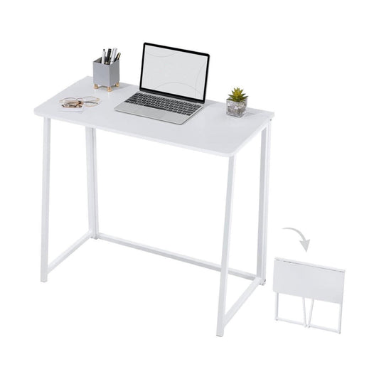 QXDRAGON Folding Writing Computer Desk White for Small Space, Foldable Laptop Table Workstation Writing Table Wood with Metal Frame