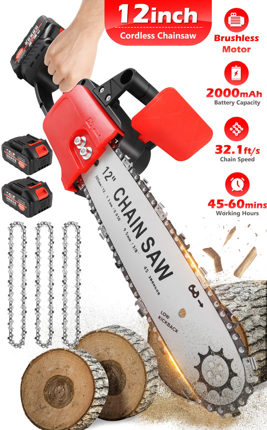 RELOIVE 12" Cordless Electric Chainsaw, 950W Brushless Motor Chain Saw Kit with 2pcs*2000Ah Battery for Wood-Cutting