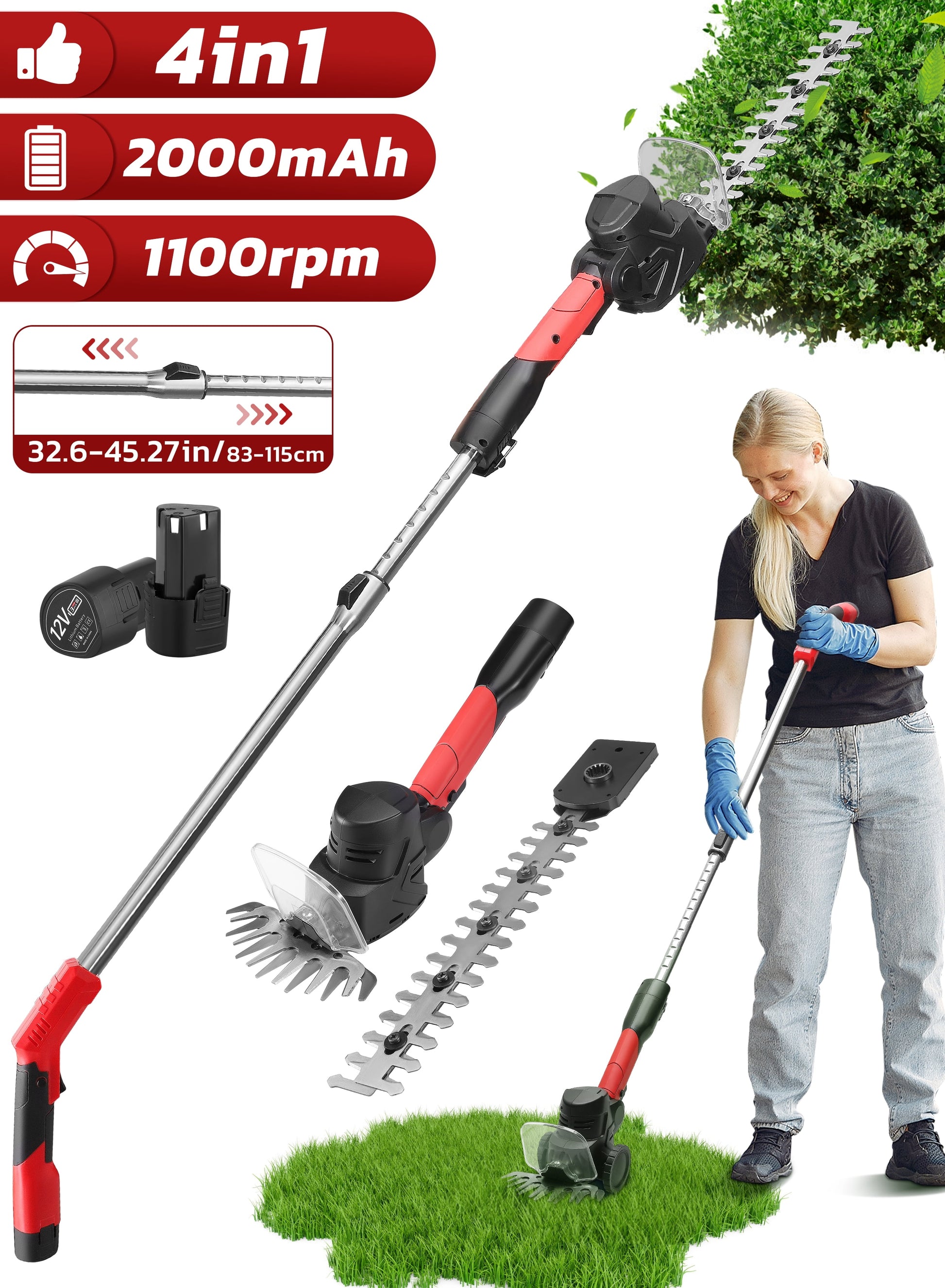 RELOIVE  4-in-1 Telescoping Pole Hedge Trimmer/Grass Shear/Shrub Trimmer/Grass Trimmer with 2.0 Ah Battery,12V (Red)