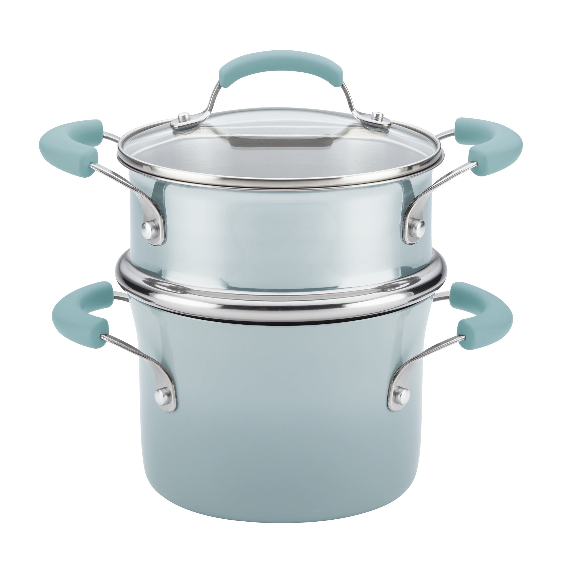 Rachael Ray Classic Brights 3 Qt Hard Enamel Nonstick Covered Steamer Set, Sky Blue