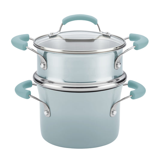 Rachael Ray Classic Brights 3 Qt Hard Enamel Nonstick Covered Steamer Set, Sky Blue