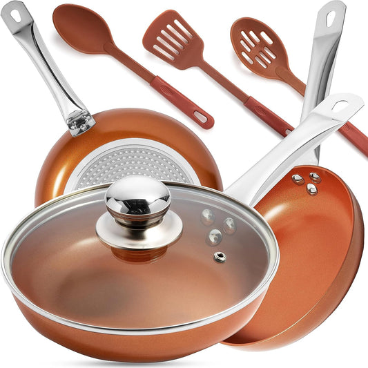 Razab Copper Frying Pan Set with Lids, 8", 9.5" & 11" Frying Pan Set, Nonstick Skillets