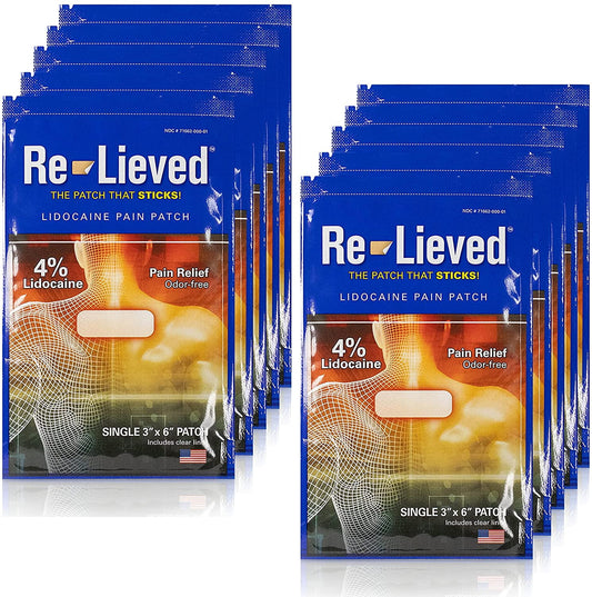 Re-Lieved 4% Lidocaine Maximum Strength Pain Relief Patches — Aluminum-Free, Water Resistant and USA Made — Superior Sticking Pain Patch That Quickly Relieves Back Pain and Muscle Pains — 10 Pack