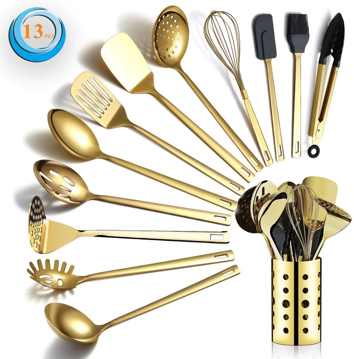 ReaNea 13 Pieces Gold Cooking Utensils Set, Stainless Steel Kitchen Utensils Set with Utensil Holder