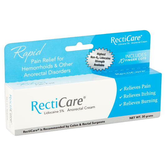 RectiCare Lidocaine 5% Anorectal Cream Relieves Pain Fast, 30 G