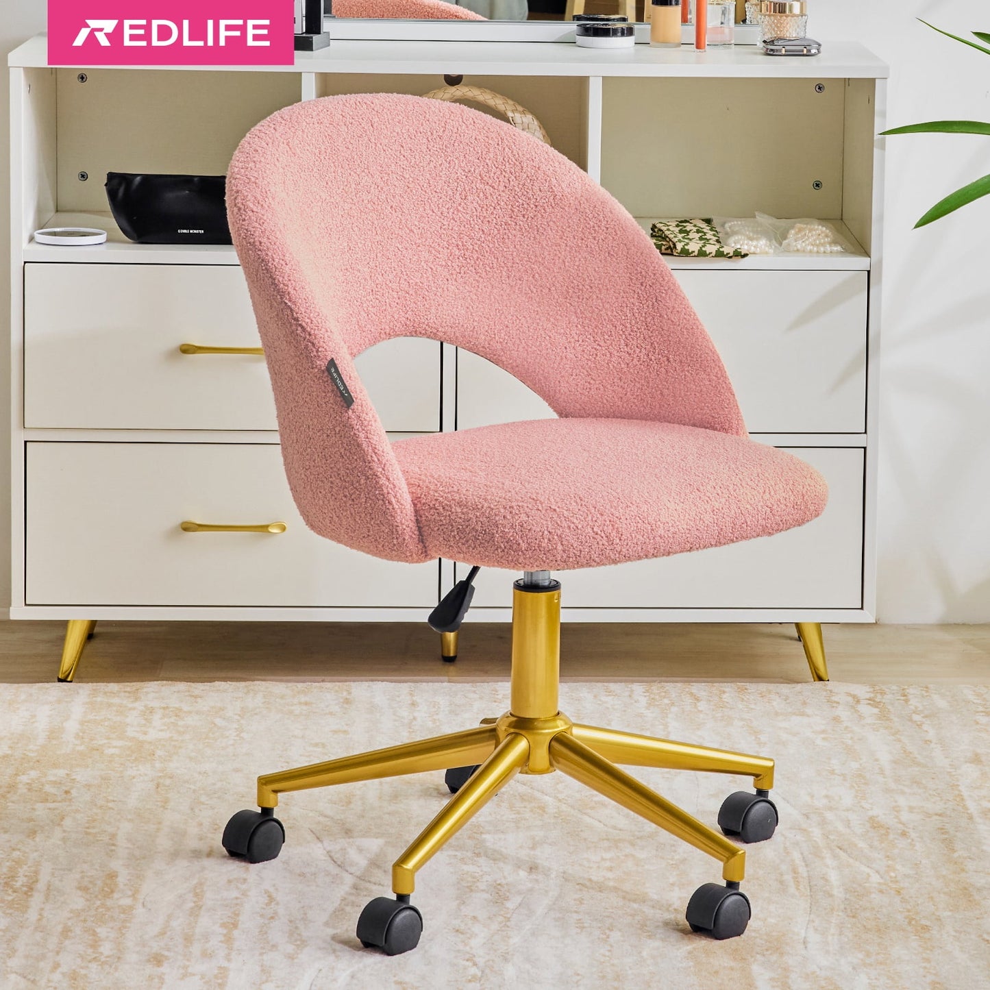 Redlife Velvet Desk Chair Vanity Chair with Gold Wheels Upholstered Adjustable Rolling Swivel Nail Stool for Living Room Bedroom,White