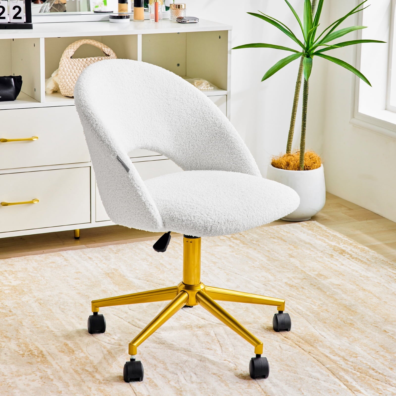 Redlife Velvet Desk Chair Vanity Chair with Gold Wheels Upholstered Adjustable Rolling Swivel Nail Stool for Living Room Bedroom,White