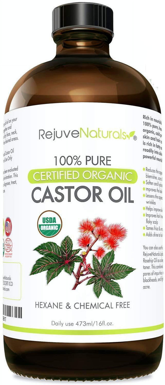 Organic Castor Oil 16oz Glass Bottle USDA Certified Organic 100 Pure Cold Pressed Hexane Free Boost Hair Growth for Hair Eyelashes Eyebrows Natural Dry Skin Moisturizer by RejuveNaturals