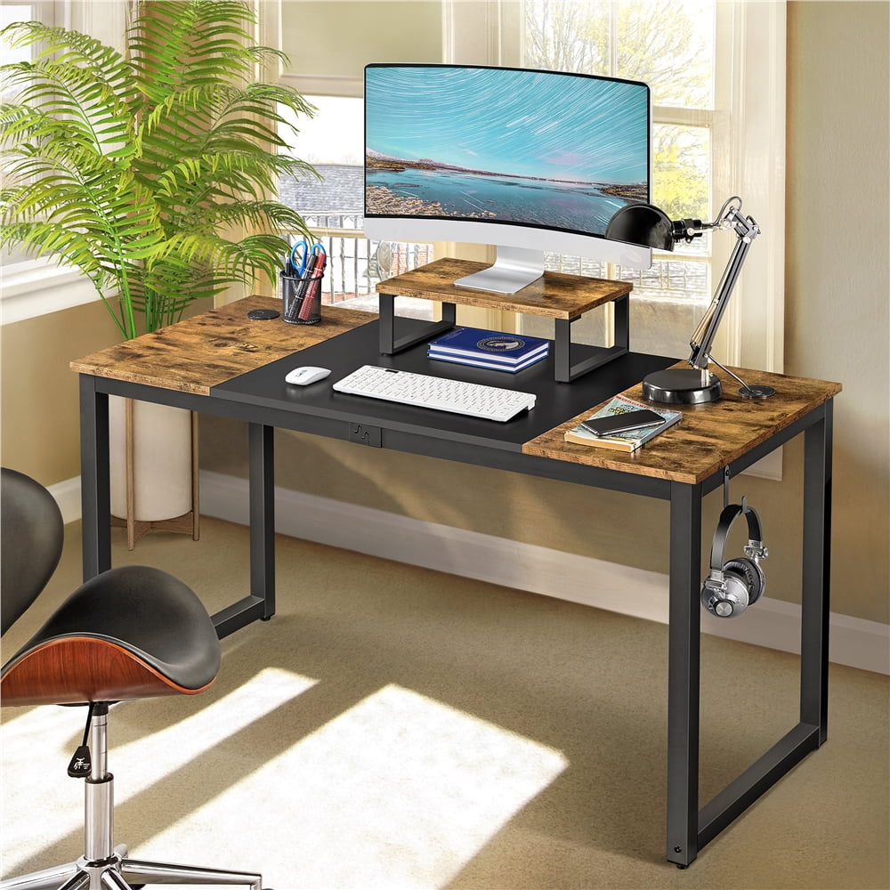 Renwick 55-inch Industrial Computer Desk with Monitor Stand, Rustic Brown/Black