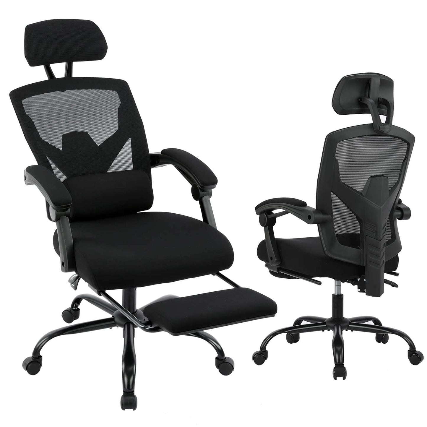 Retractable Footrest Ergonomic Swivel Office Chair with Lumbar Support Pillow and Padded Armrests