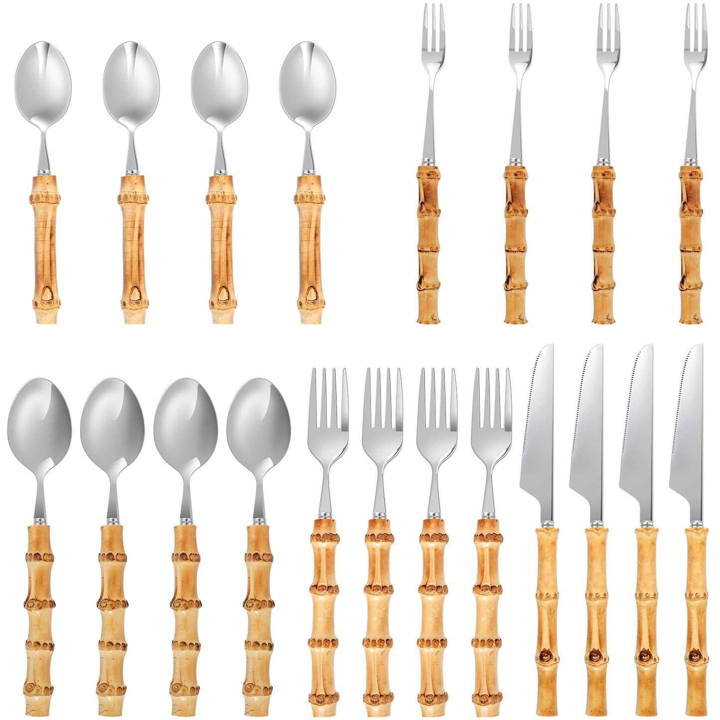 Retrok 20pcs Bamboo Silverware Set Stainless Steel Tableware Set Natural Bamboo Utensil Flatware Set Spoon Fork Bamboo Handle Cutlery Set for Kitchen Wedding Home Restaurant Party