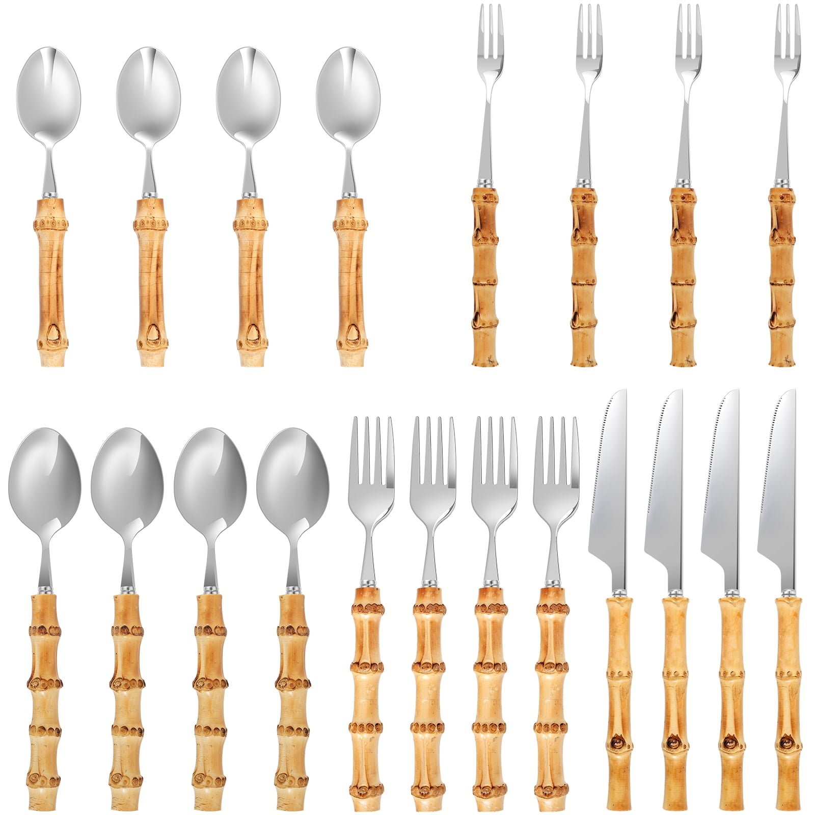 Retrok 20pcs Bamboo Silverware Set Stainless Steel Tableware Set Natural Bamboo Utensil Flatware Set Spoon Fork Bamboo Handle Cutlery Set for Kitchen Wedding Home Restaurant Party